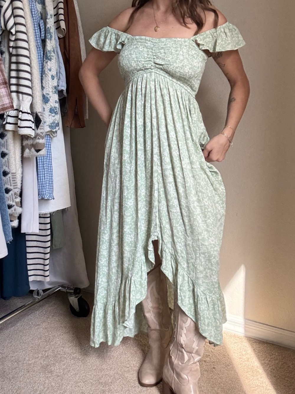 Off-Shoulder Light Sage Floral Maxi Dress